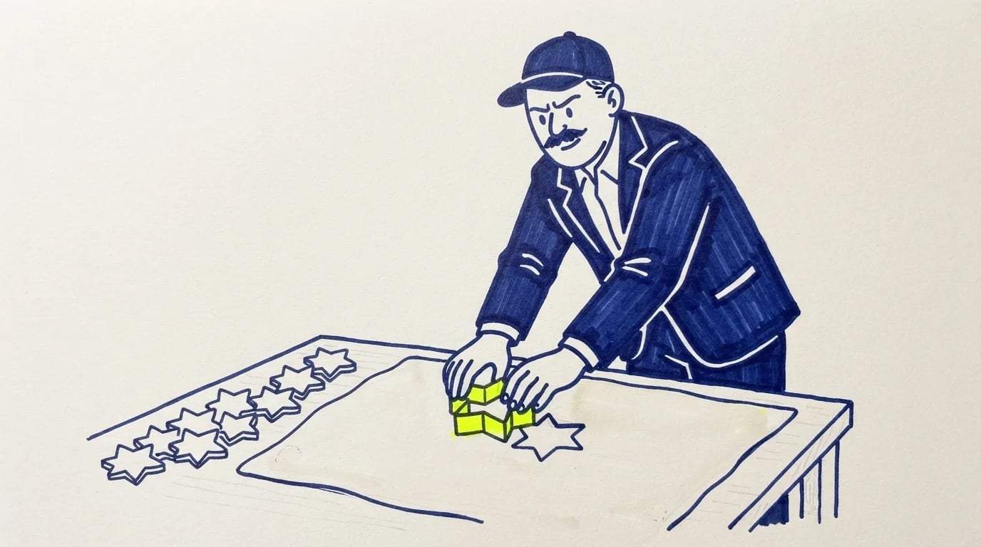 Ilustración de un directivo que recorta con un molde estrellas idénticas en una mesa, todas iguales salvo una amarilla que destaca, sobre cómo comunicar la visión de una empresa sin sonar como un competidor más