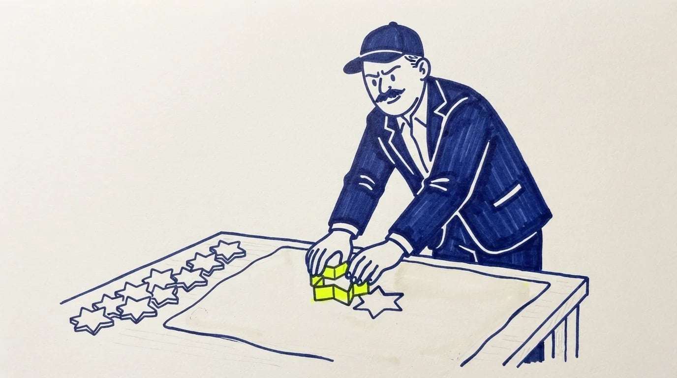 Ilustración de un directivo que recorta con un molde estrellas idénticas en una mesa, todas iguales salvo una amarilla que destaca, sobre cómo comunicar la visión de una empresa sin sonar como un competidor más