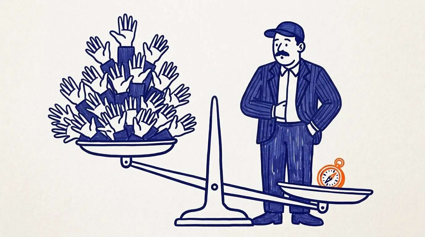 Ilustración de un directivo junto a una balanza en la que un montón de manos levantadas pesa menos que una brújula, sobre la diferencia entre pagar por ejecución y pagar por criterio al contratar un consultor de marketing