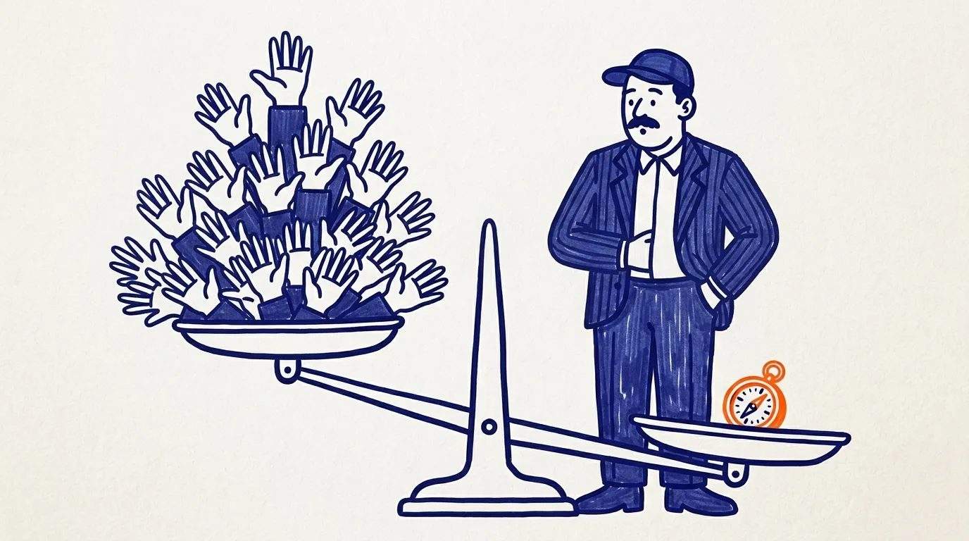 Ilustración de un directivo junto a una balanza en la que un montón de manos levantadas pesa menos que una brújula, sobre la diferencia entre pagar por ejecución y pagar por criterio al contratar un consultor de marketing