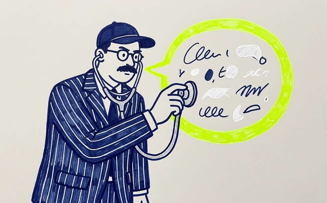 Ilustración de un directivo que ausculta con un estetoscopio un bocadillo de diálogo, como metáfora del diagnóstico de marketing