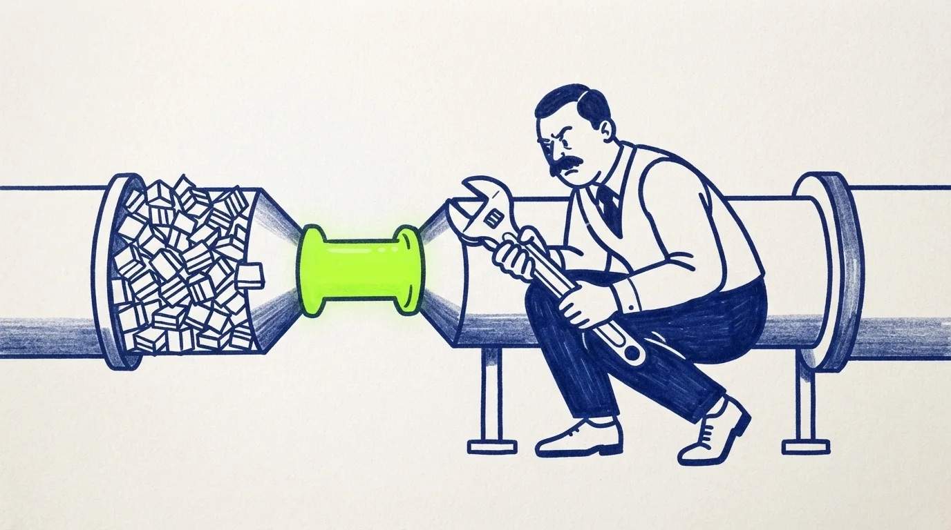 Ilustración de un hombre vertiendo figuras de leads en un embudo que se estrecha en un cuello de botella, donde la mayoría de las oportunidades quedan atascadas y solo una logra pasar, sobre los fallos estructurales del proceso comercial B2B