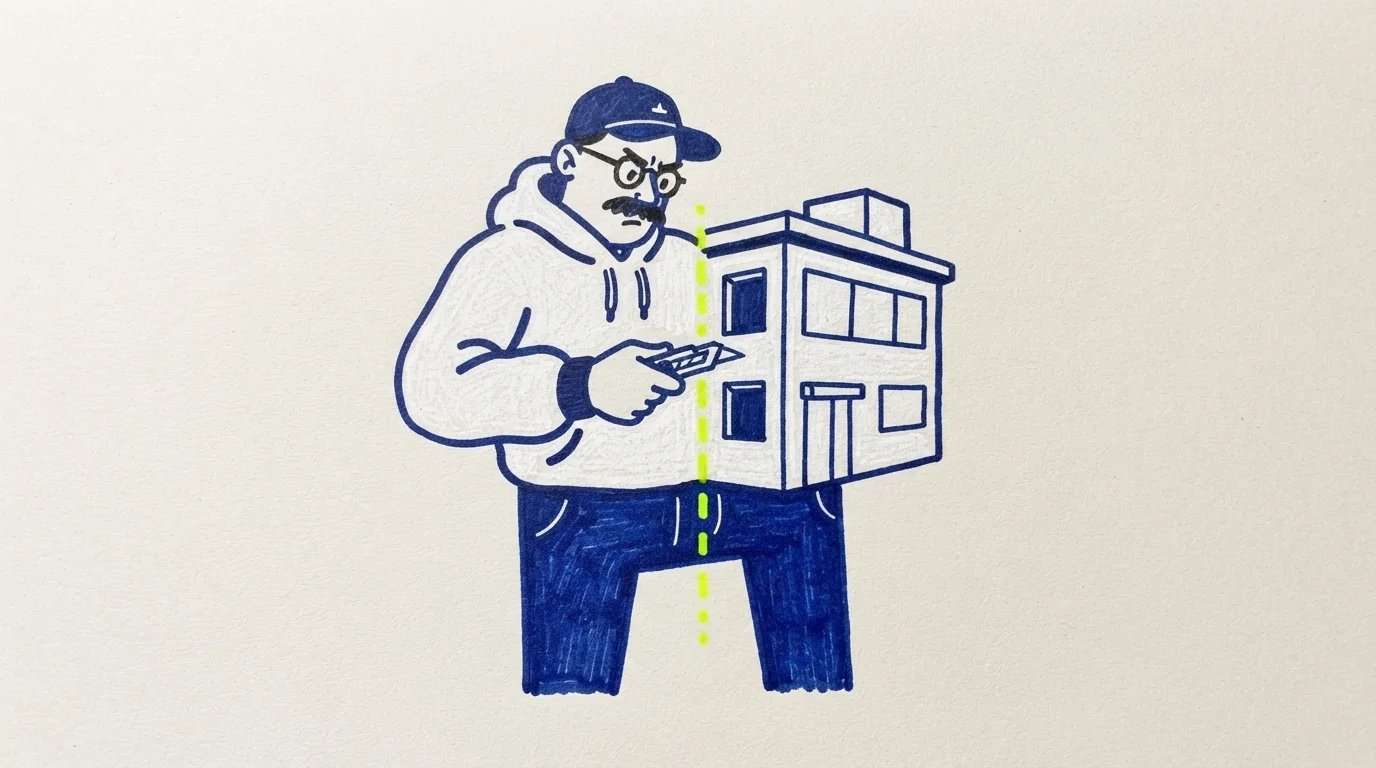 Ilustración de un fundador partido en dos por una línea, mitad persona y mitad edificio de su empresa, sobre la separación entre marca personal y marca corporativa