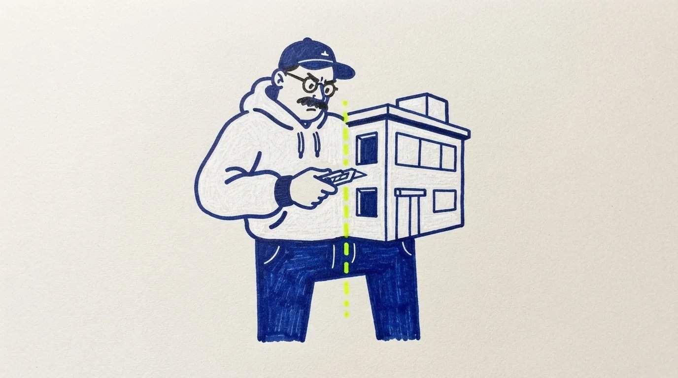 Ilustración de un fundador partido en dos por una línea, mitad persona y mitad edificio de su empresa, sobre la separación entre marca personal y marca corporativa