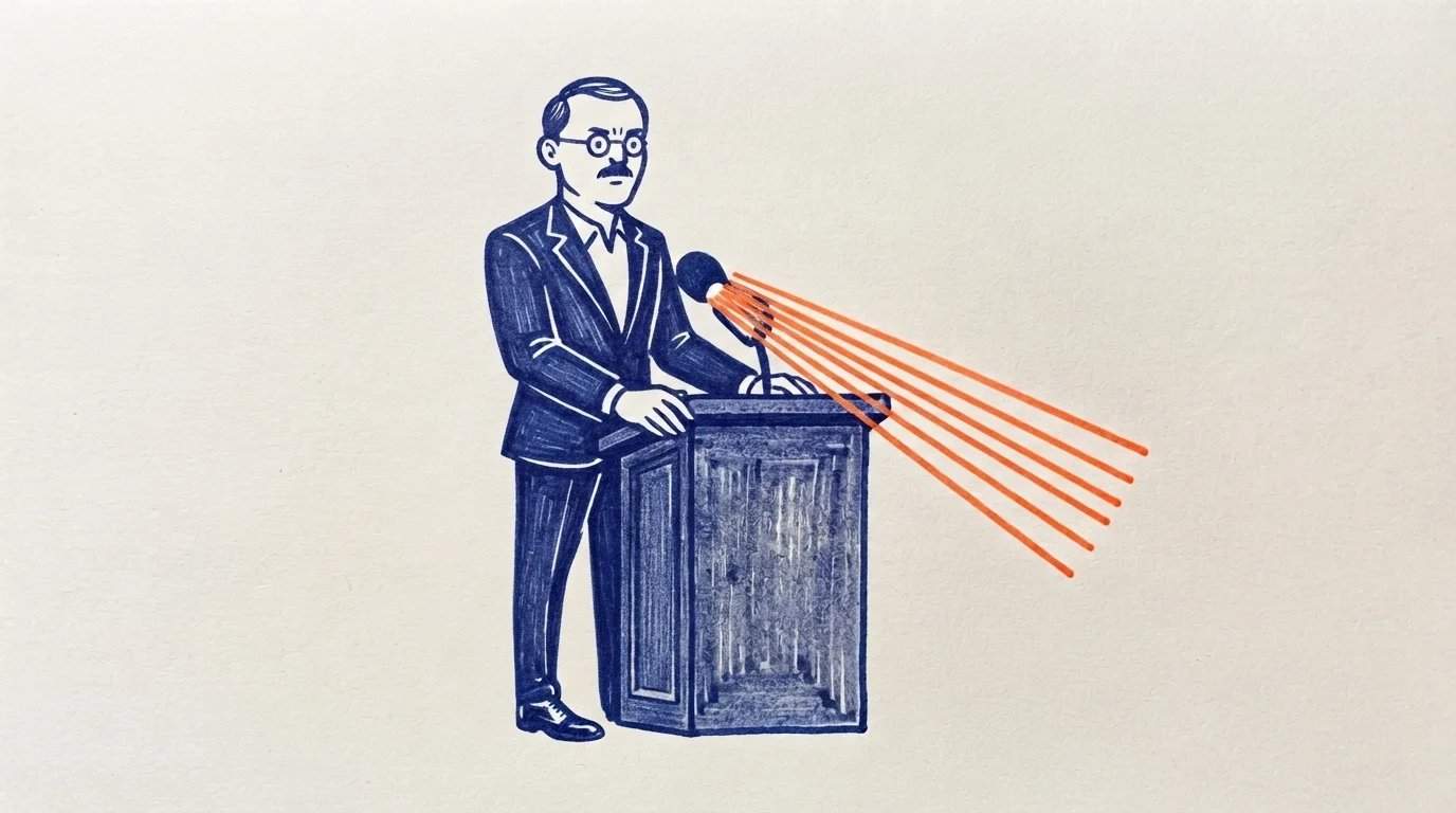 Ilustración de un directivo en un atril con micrófono y líneas de sonido ordenadas, transmitiendo criterio de comunicación