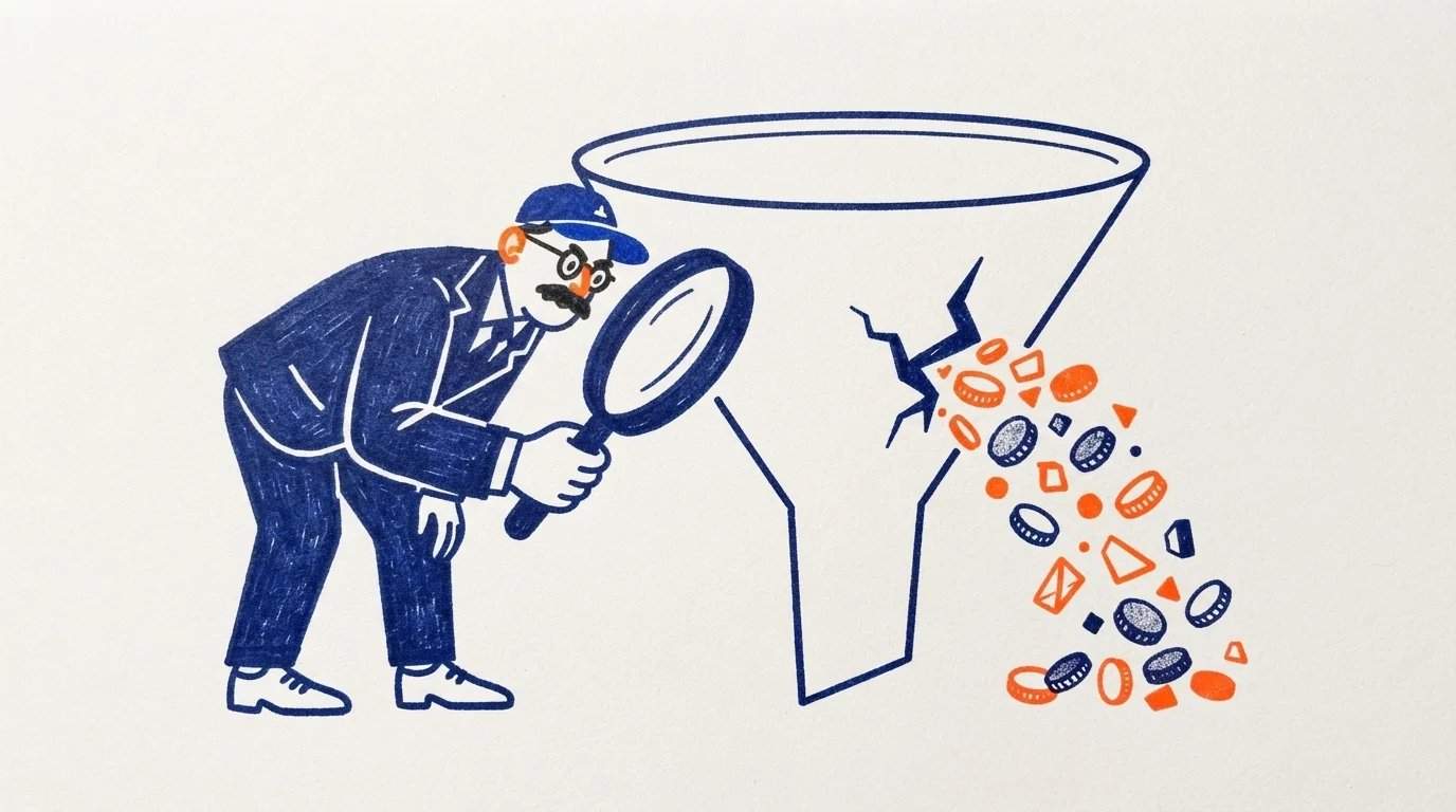 Ilustración de un directivo examinando con lupa un embudo de ventas agrietado por el que se escapan oportunidades