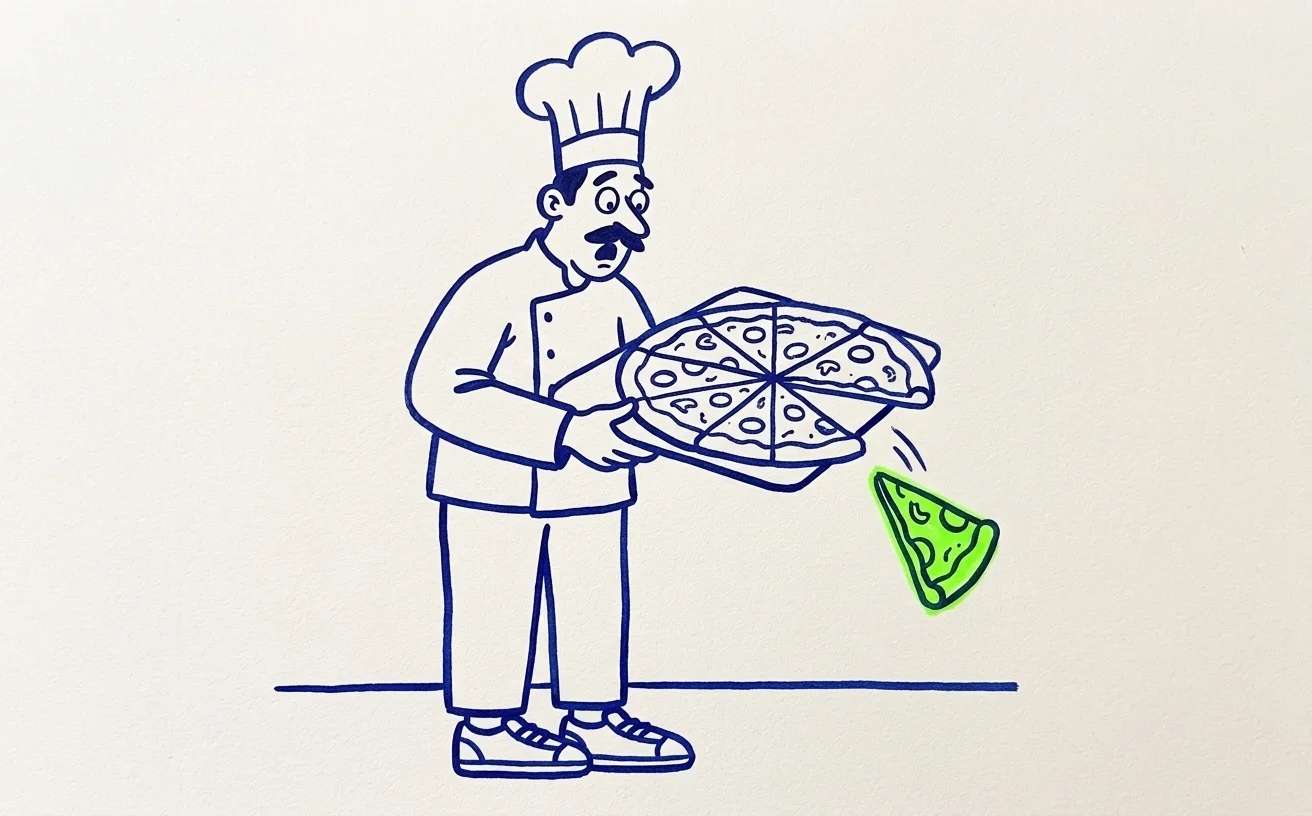 Ilustración de un pizzero que ve caer una porción de la pizza, como metáfora de la fase del proceso comercial que se escapa