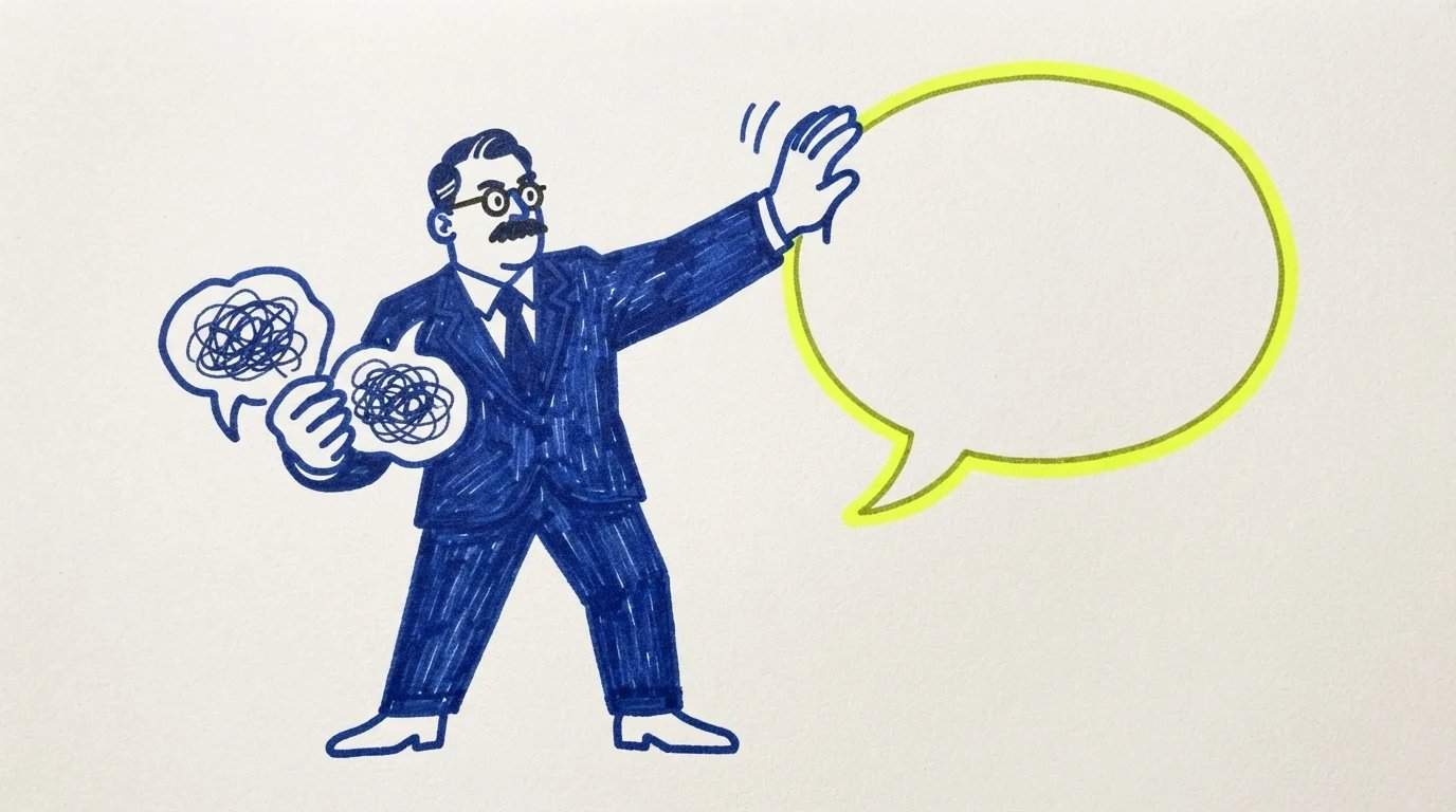 Ilustración de un directivo apartando mensajes desordenados y sosteniendo un único mensaje claro