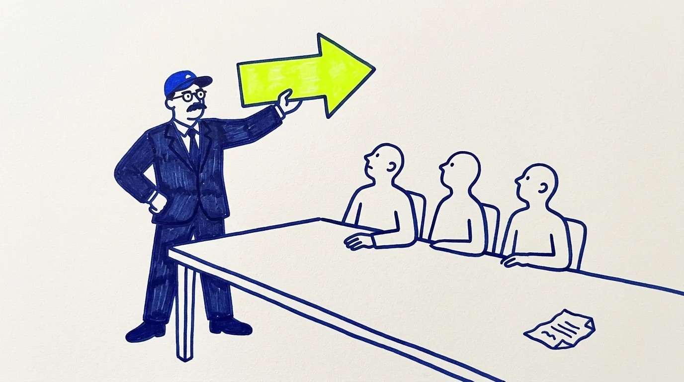 Ilustración de un directivo que señala con una gran flecha amarilla la dirección a seguir ante tres consejeros sentados a la mesa, mientras un informe arrugado queda olvidado sobre ella, sobre presentar al consejo la decisión antes que el detalle